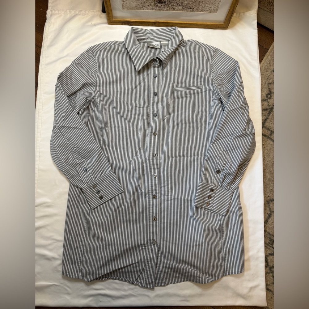 Chicos size 2 gray and white striped shimmery button up shirt.